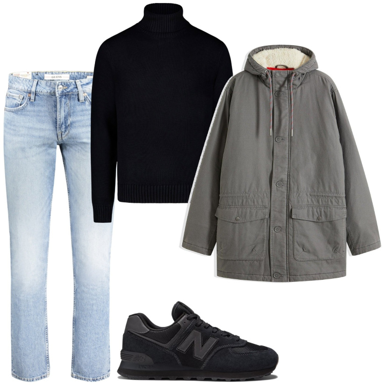 Outfit uomo - Minimal con il parka. Stile Casual per Tutti i giorni. Abbinamento con parka, sneakers, maglieria, jeans.