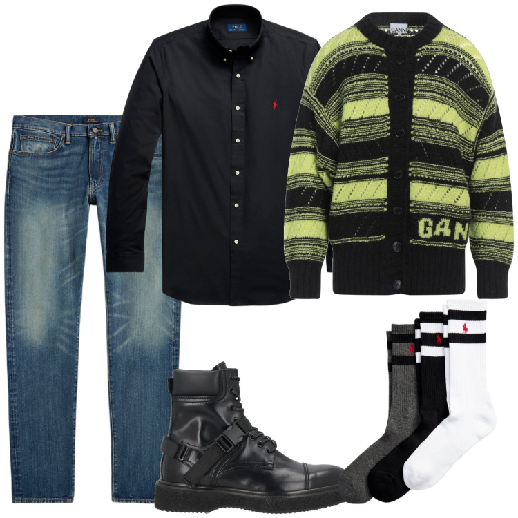 Outfit uomo - Alla moda. Stile Trendy per Tutti i giorni. Abbinamento con anfibi, cardigans, camicie, jeans, calzini.