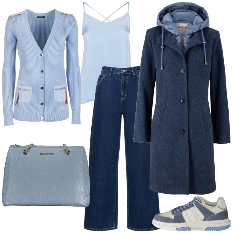 Outfit donna - I toni del blu. Stile Casual chic per Tutti i giorni. Abbinamento con cappotti, cardigans, top, sneakers, pantaloni, borse a spalla.