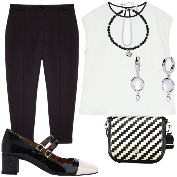 Outfit donna - Black and white. Stile Casual chic per Serata fuori. Abbinamento con braccialetti, orecchini, top, décolleté, pantaloni chino, borse a tracolla.