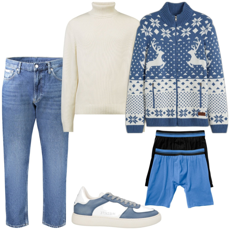 Outfit uomo - Vacanze di Natale. Stile Casual per Tutti i giorni. Abbinamento con boxer, cardigans, sneakers, maglieria, jeans.