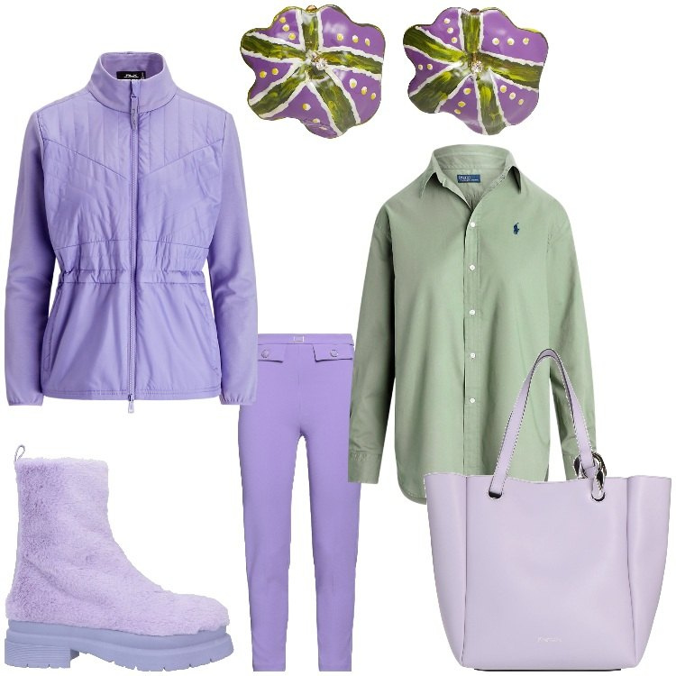 Outfit donna - Armonia. Stile Casual chic per Tutti i giorni. Abbinamento con pantaloni, stivaletti, orecchini, borse a mano, blazer, camicie.