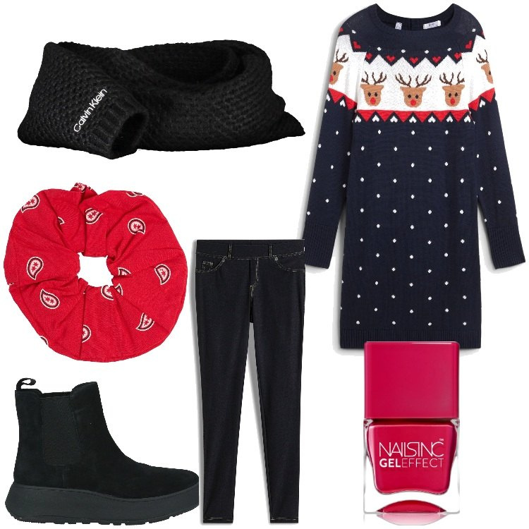 Outfit donna - Natale con i tuoi. Stile Casual per Tutti i giorni. Abbinamento con vestiti, jeggings, stivaletti chelsea, smalti, accessori per capelli, sciarpe.