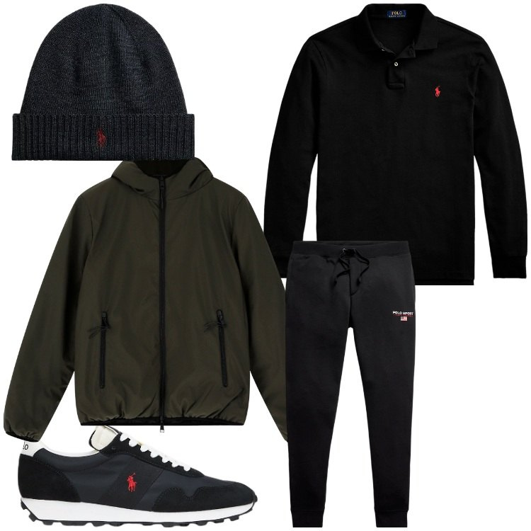 Outfit uomo - Black winter. Stile Casual per Tutti i giorni. Abbinamento con piumini, polo, berretti, sneakers, pantaloni.