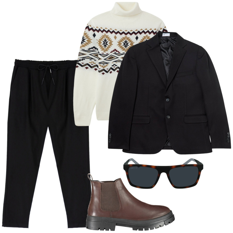 Outfit uomo - Il pull sotto la giacca. Stile Casual per Serata speciale. Abbinamento con maglieria, giacche, pantaloni, stivali, occhiali da sole.