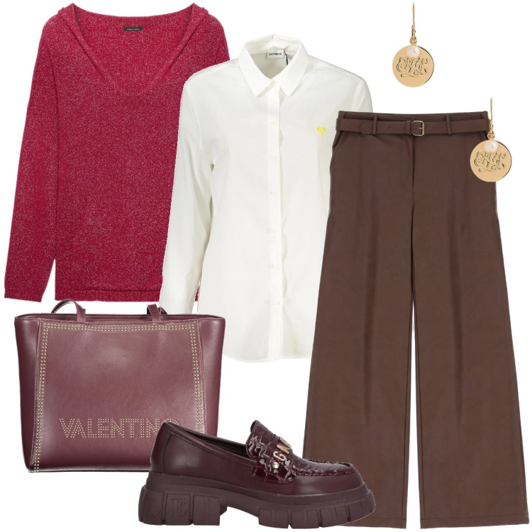 Outfit donna - La maglia lurex. Stile Casual chic per Ufficio. Abbinamento con mocassini, pantaloni, orecchini, camicie, maglieria, borse a spalla.