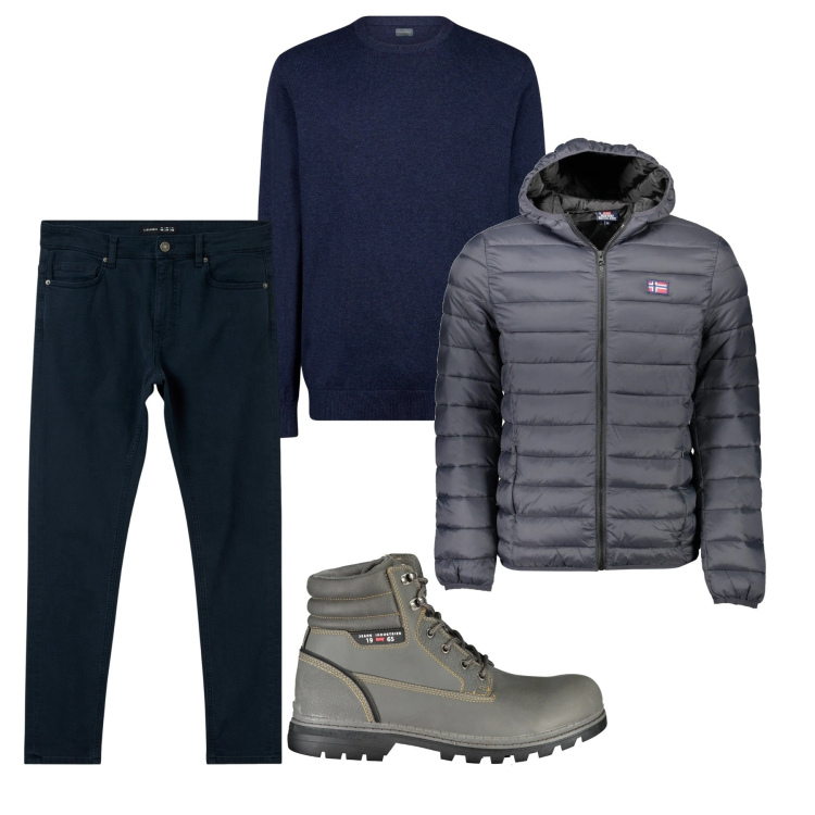 Outfit uomo - Classico casual. Stile Casual per Tutti i giorni. Abbinamento con pantaloni skinny, maglieria, stivali, giacche.