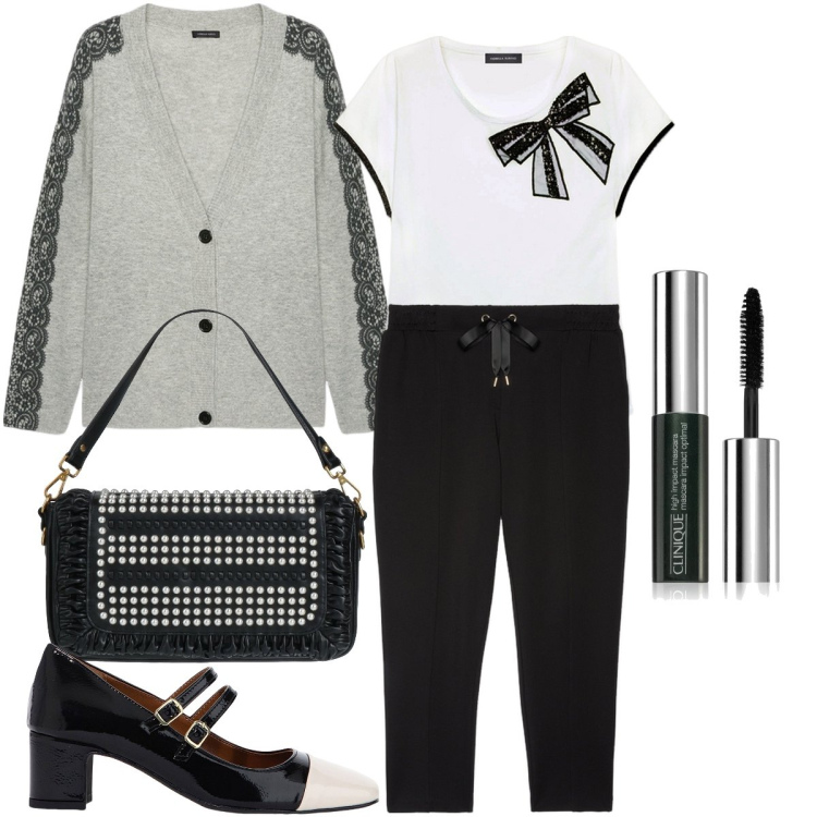 Outfit donna - La t-shirt col fiocco. Stile Vintage retrò per Serata fuori. Abbinamento con borse a mano, mascara, décolleté, t-shirt, cardigans, pantaloni.