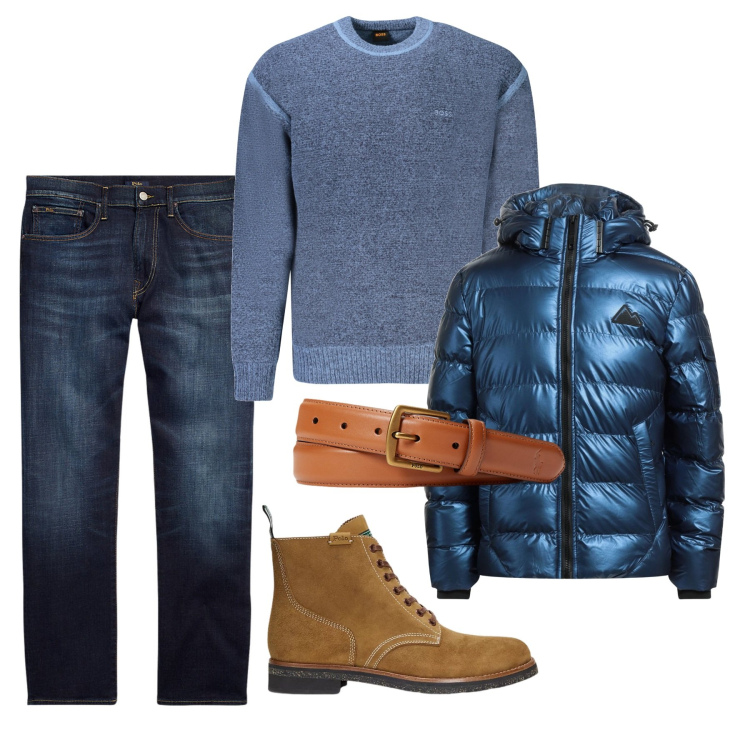 Outfit uomo - Il piumino fluo. Stile Casual per Serata speciale. Abbinamento con piumini, jeans dritti, cinture, stivali, maglieria.