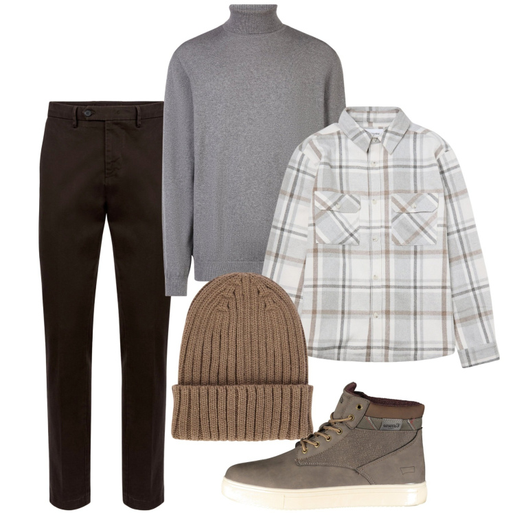 Outfit uomo - Dolcevita e giacca camicia. Stile Casual per Tutti i giorni. Abbinamento con cappotti, berretti, pantaloni chino, stivali, maglieria.