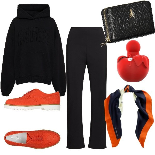 Outfit donna - Regali in festa. Stile Urban per Serata fuori. Abbinamento con scarpe stringate, profumi, foulard, portafogli, pantaloni, felpe con cappuccio.