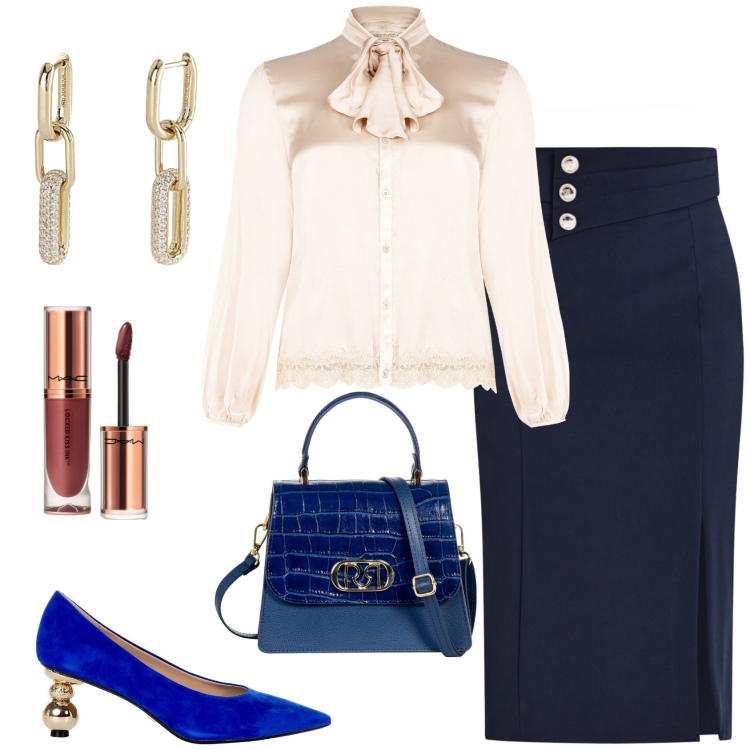 Outfit donna - Blu e oro. Stile Chic per Serata fuori. Abbinamento con rossetti, orecchini, borse a mano, décolleté, camicie, gonne longuette.