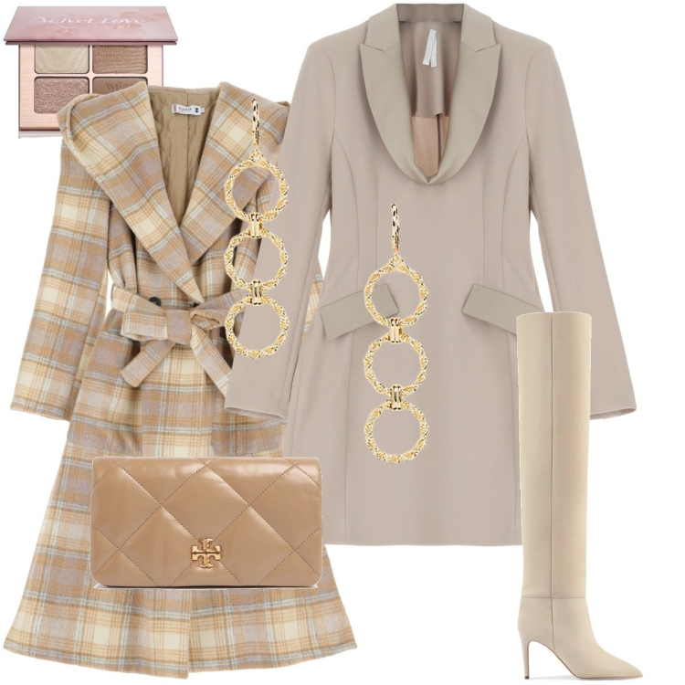 Outfit donna - Il cappotto a quadri. Stile Bon Ton per Serata fuori. Abbinamento con ombretti, cappotti, vestiti corti, orecchini, stivali sopra il ginocchio, pochette.