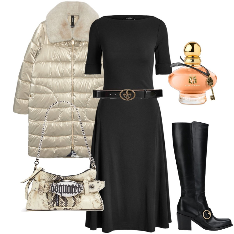 Outfit donna - Il piumino dorato. Stile Bon Ton per Serata fuori. Abbinamento con stivali, cinture, profumi, vestiti, piumini, pochette.