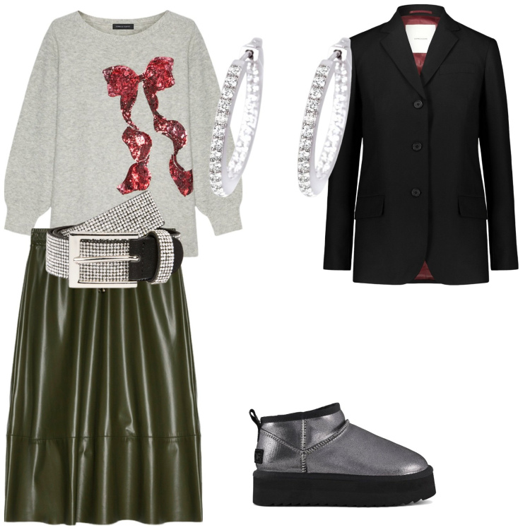 Outfit donna - Natale con i tuoi. per Cerimonia. Abbinamento con orecchini, blazer, stivaletti, gonne longuette, maglieria, cinture.