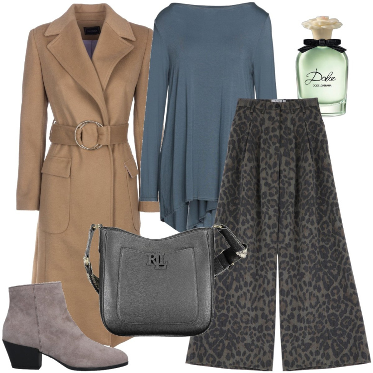 Outfit donna - Il pantalone animalier. Stile Trendy per Ufficio. Abbinamento con t-shirt, stivaletti, profumi, pantaloni, cappotti, borse a tracolla.