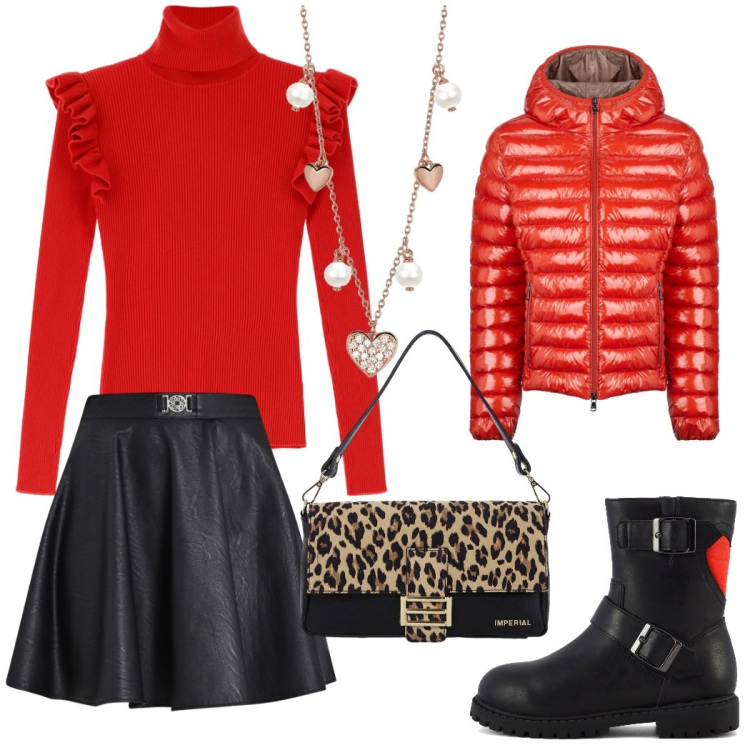 Outfit donna - Natale dai nonni. Stile Preppy per Tutti i giorni. Abbinamento con collane, minigonne, maglieria, borse a spalla, blazer, stivaletti.