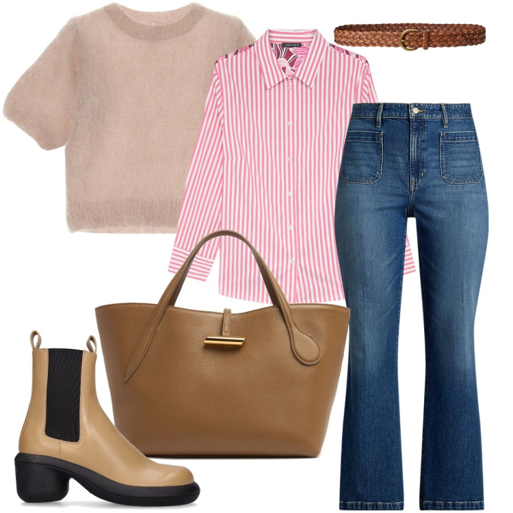 Outfit donna - La camicia a righe. Stile Casual chic per Tutti i giorni. Abbinamento con t-shirt, cinture, jeans, camicie, stivaletti, shopping bag.