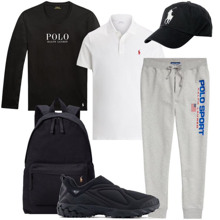 Outfit uomo - In tenuta sportiva. Stile Casual per Sport. Abbinamento con sneakers, cappelli, pantaloni, polo, t-shirt, borse sportive.