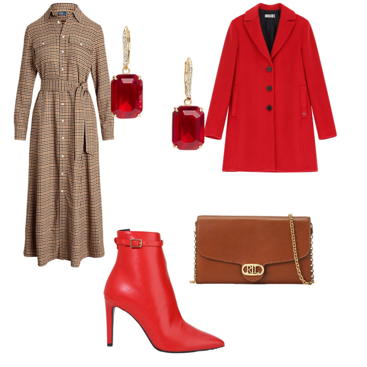 Outfit donna - In ufficio per il periodo più bello. per Ufficio. Abbinamento con cappotti, stivaletti, borse a tracolla, vestiti, orecchini.