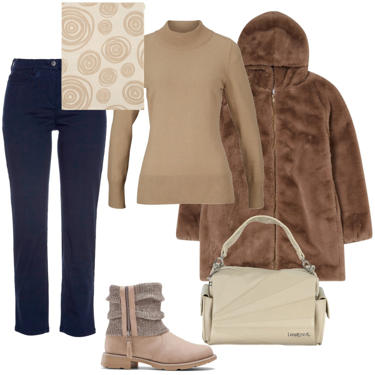 Outfit donna - Total look #2026948. Stile Casual per Ufficio. Abbinamento con maglieria, stivaletti, pantaloni, ecopellicce, foulard, borse a spalla.