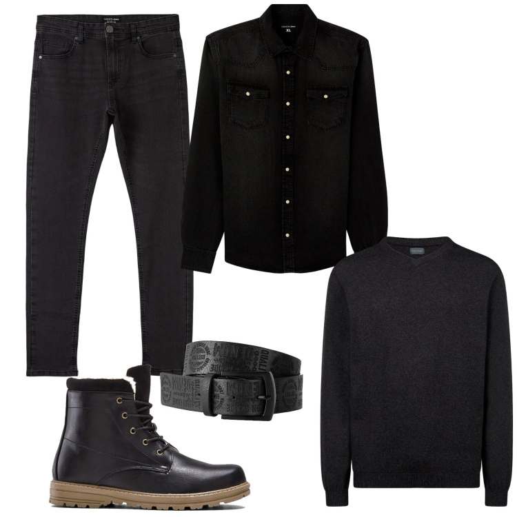 Outfit uomo - Denim su denim. Stile Casual per Tutti i giorni. Abbinamento con cinture, stivali e stivaletti, jeans skinny, camicie, maglieria.