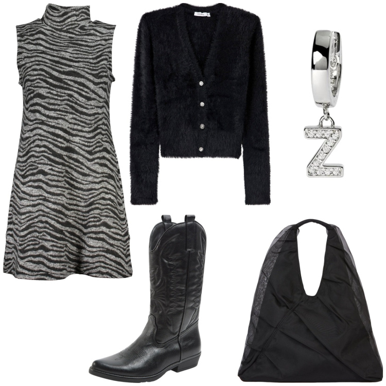 Outfit donna - Serata tra amici. Stile Trendy per Serata fuori. Abbinamento con cardigans, stivali, orecchini, shopping bag, vestiti corti.