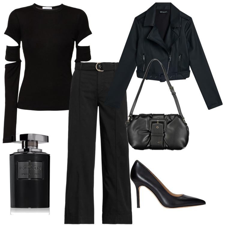 Outfit donna - Il nero che mi piace.. Stile Glamour per Tutti i giorni. Abbinamento con profumi, giacche, pantaloni, décolleté, top, borse a mano.