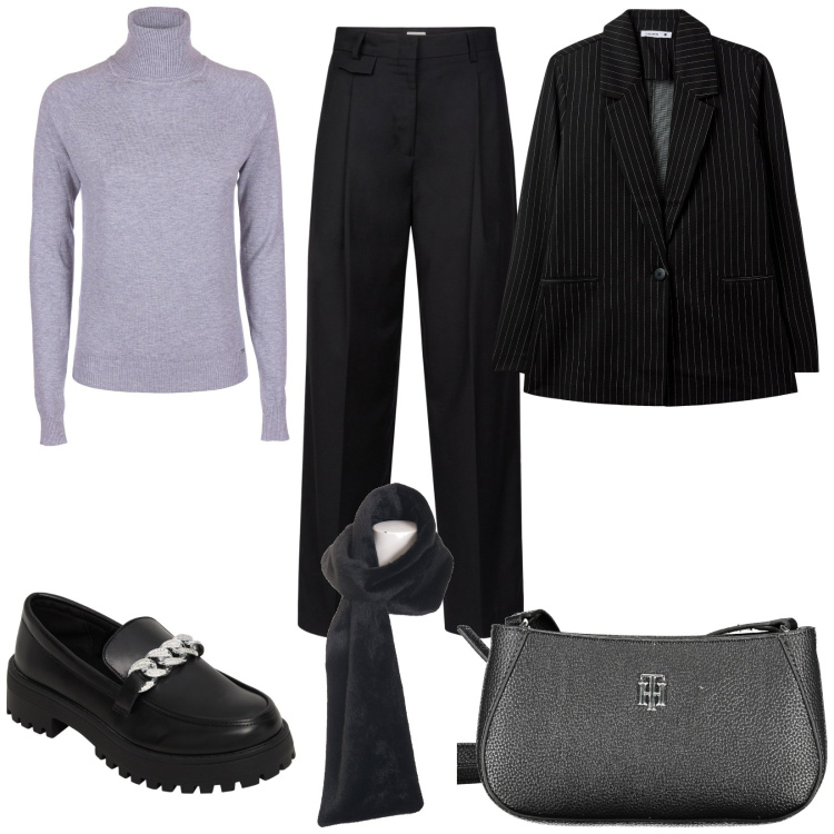 Outfit donna - Minimal a lavoro. Stile Minimal per Ufficio. Abbinamento con mocassini, blazer, maglieria, foulard, borse a tracolla, pantaloni.