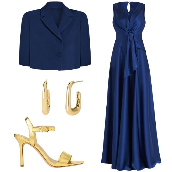 Outfit donna - Romantica in blu. Stile Chic per Cerimonia. Abbinamento con orecchini, cappe, vestiti lunghi, sandali in pelle.