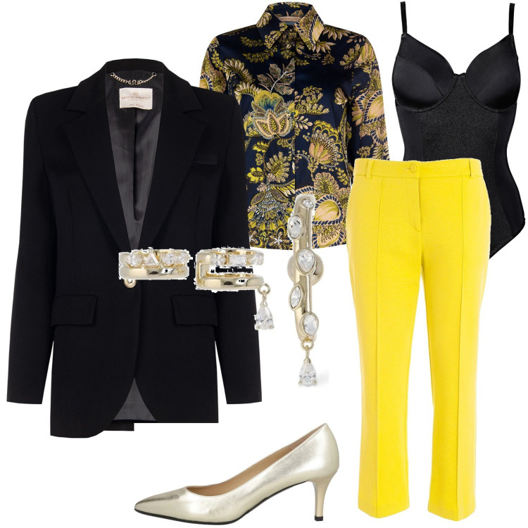 Outfit donna - Responsabile del personale. Stile Boho per Ufficio. Abbinamento con body, décolleté, camicie, blazer, pantaloni, orecchini.