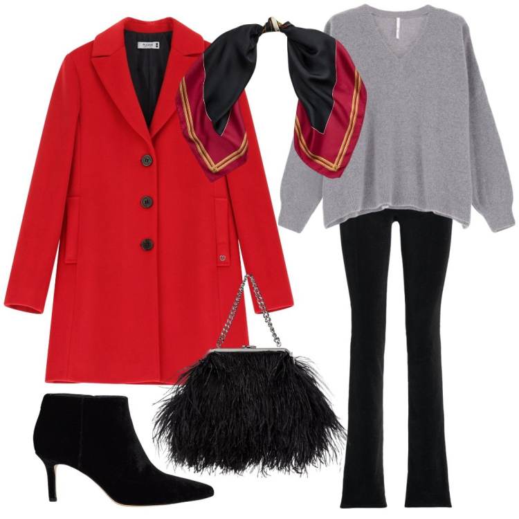 Outfit donna - Vacanze a Parigi. Stile Glamour per Serata fuori. Abbinamento con cappotti, maglieria, pantaloni, stivaletti, foulard, clutch.