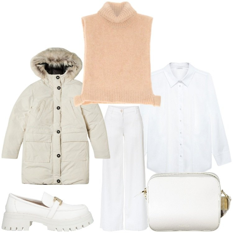 Outfit donna - Caldo inverno. Stile Casual per Tutti i giorni. Abbinamento con pantaloni a palazzo, mocassini, parka, gilet, borse a tracolla, camicie.