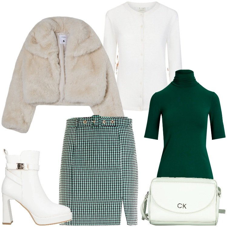 Outfit donna - Riunione di fine anno. Stile Chic per Ufficio. Abbinamento con stivaletti, blazer, gonne, maglieria, cardigans, borse a tracolla.