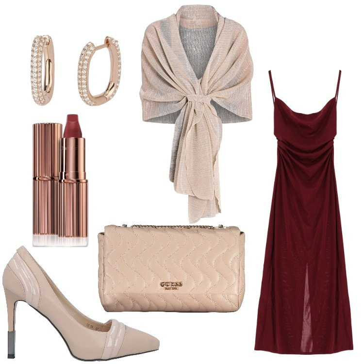 Outfit donna - Burgundy chic. Stile Chic per Serata fuori. Abbinamento con décolleté, rossetti, orecchini, vestiti midi/longuette, stole, borse a tracolla.