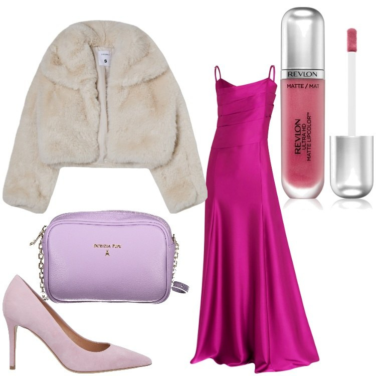 Outfit donna - Serata ciclamino. Stile Chic per Serata fuori. Abbinamento con décolleté, rossetti, blazer, vestiti lunghi, borse a tracolla.
