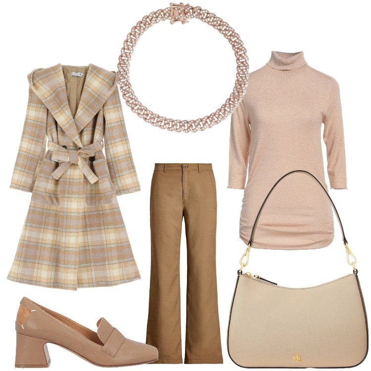 Outfit donna - Toni delicati del marrone. Stile Casual chic per Ufficio. Abbinamento con maglieria, mocassini, braccialetti, cappotti, borse a spalla, pantaloni.