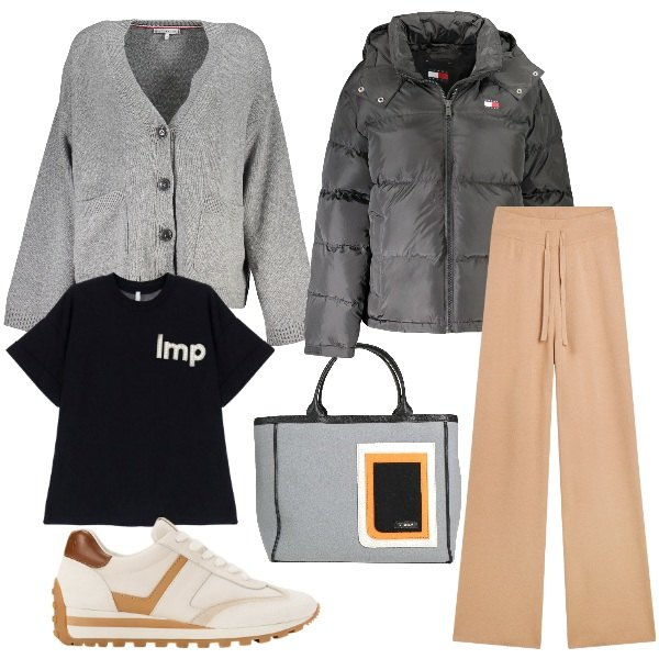 Outfit donna - In the city. Stile Urban per Tutti i giorni. Abbinamento con borse a mano, pantaloni, t-shirt, sneakers, cardigans, blazer.