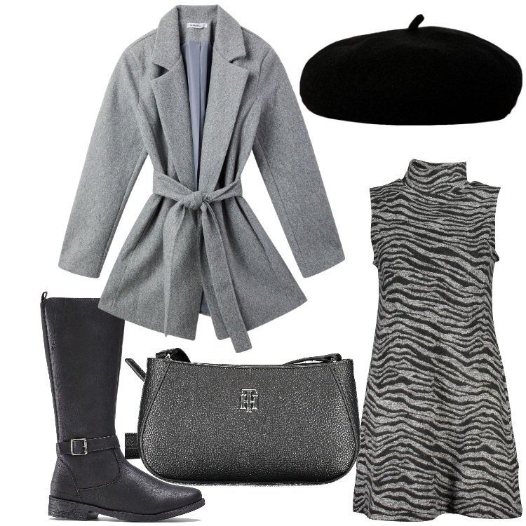Outfit donna - Aperitivo delle feste. Stile Casual chic per Serata fuori. Abbinamento con stivali, cappotti, vestiti corti, borse a tracolla, cappelli e berretti.