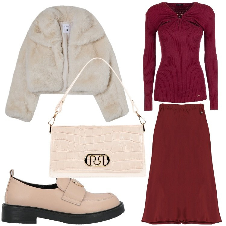Outfit donna - Rosso e pelliccia. Stile Casual chic per Tutti i giorni. Abbinamento con mocassini, blazer, gonne, borse a tracolla, maglieria.