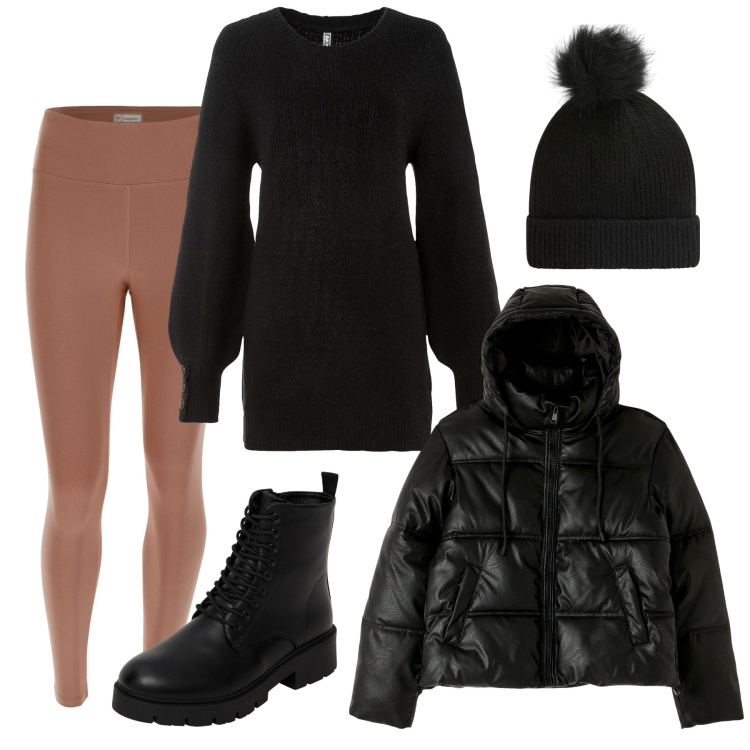 Outfit donna - Quasi total black. Stile Urban per Tutti i giorni. Abbinamento con maglieria, piumini, anfibi, berretti, leggings.