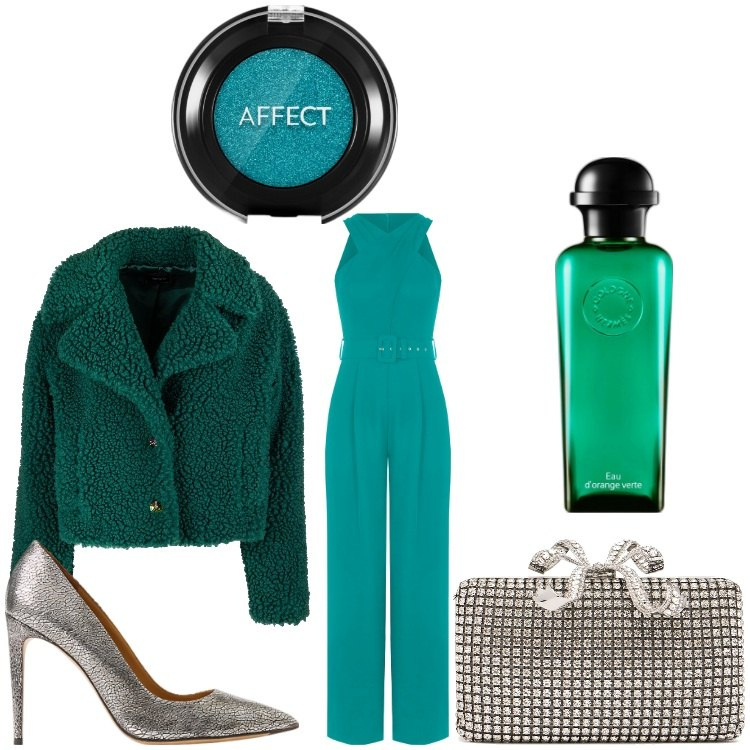Outfit donna - Verde e argento. Stile Casual chic per Serata fuori. Abbinamento con profumi, ombretti, tute, blazer, décolleté, pochette.