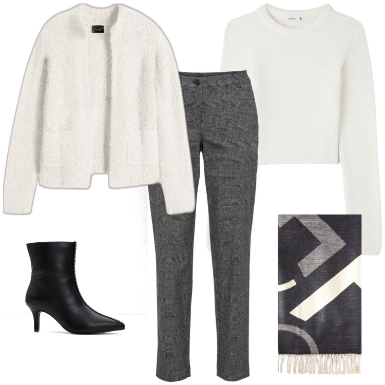 Outfit donna - Ufficio in low cost. Stile Bon Ton per Ufficio. Abbinamento con pantaloni, cardigans, stivaletti, maglieria, sciarpe.