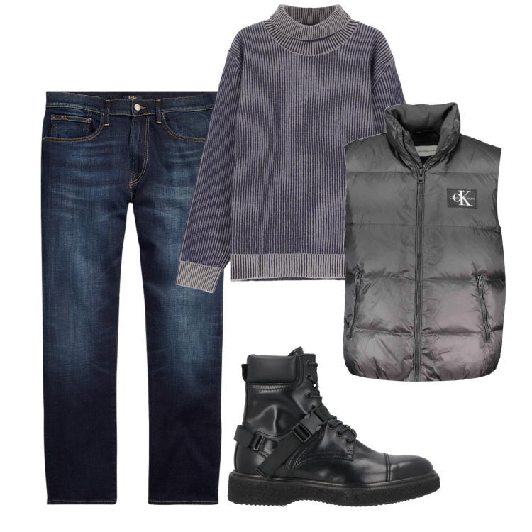 Outfit uomo - Dicembre. Stile Casual per Tutti i giorni. Abbinamento con anfibi, maglieria, jeans dritti, giacche.