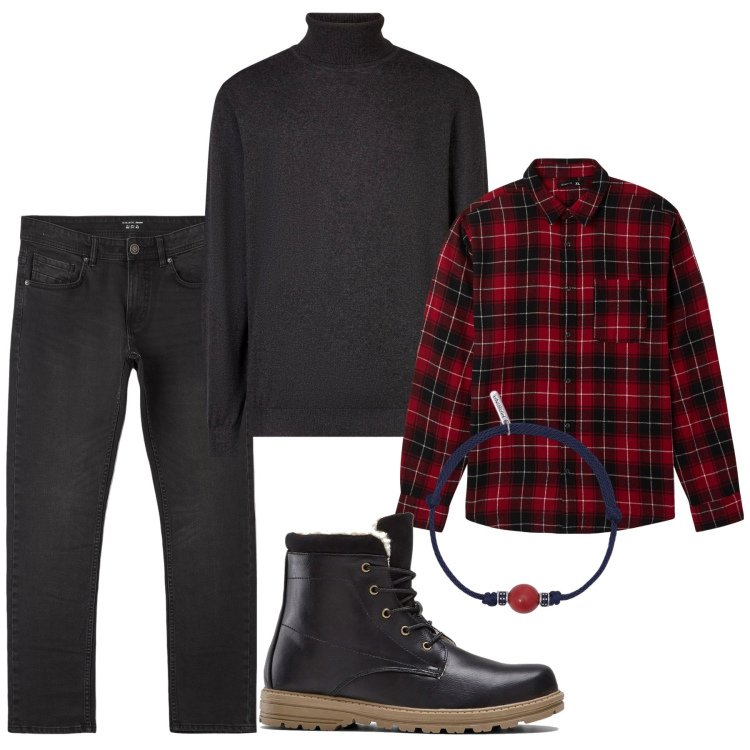 Outfit uomo - Existentialist black. Stile Urban per Tutti i giorni. Abbinamento con stivali e stivaletti, jeans dritti, camicie, braccialetti, maglieria.