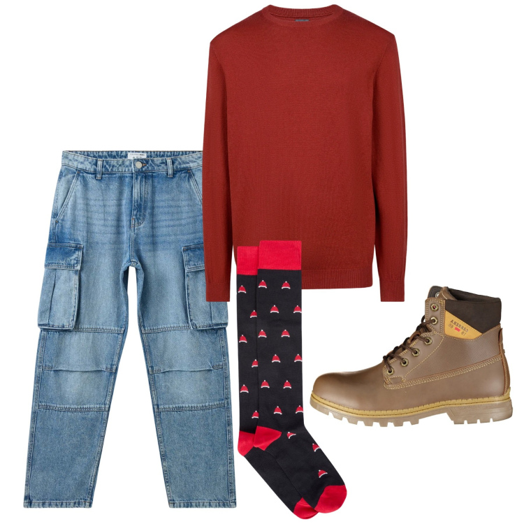 Outfit uomo - Rosso urban. Stile Casual per Tutti i giorni. Abbinamento con jeans, maglieria, calzini, stivali.