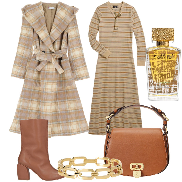 Outfit donna - A cena da amici. Stile Urban per Serata fuori. Abbinamento con profumi, stivaletti, cappotti, braccialetti, borse a tracolla, vestiti.