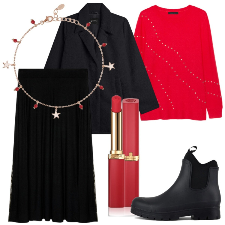 Outfit donna - Elegante e comoda. Stile Minimal per Serata fuori. Abbinamento con rossetti, braccialetti con ciondoli, cappotti, stivali, gonne lunghe, maglieria.