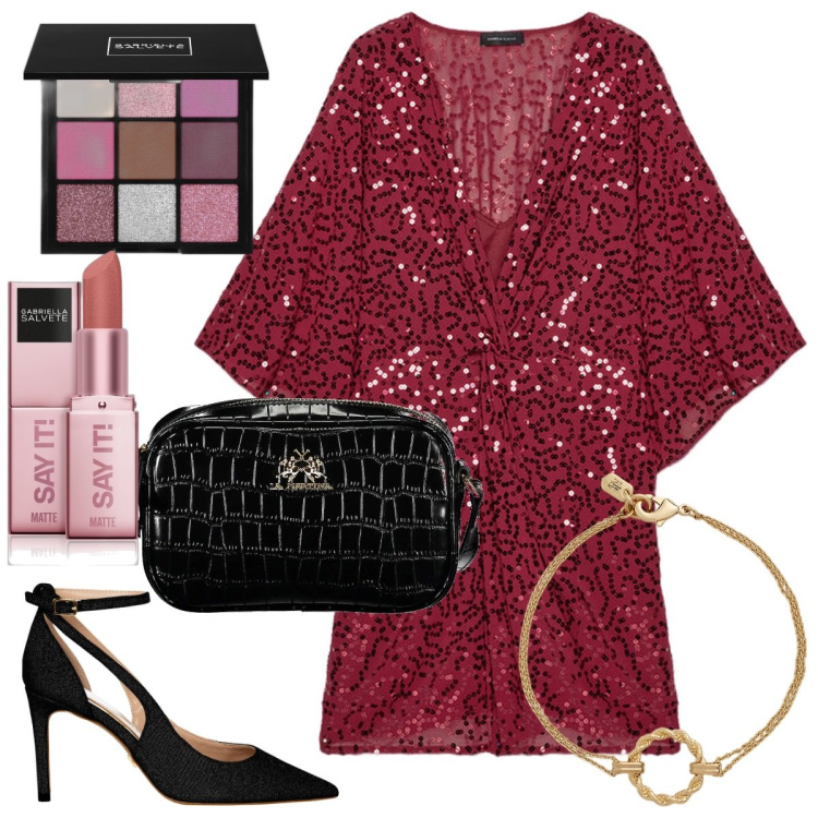 Outfit donna - Capodanno. Stile Glamour per Serata fuori. Abbinamento con rossetti, ombretti, décolleté, braccialetti, vestiti, borse a tracolla.