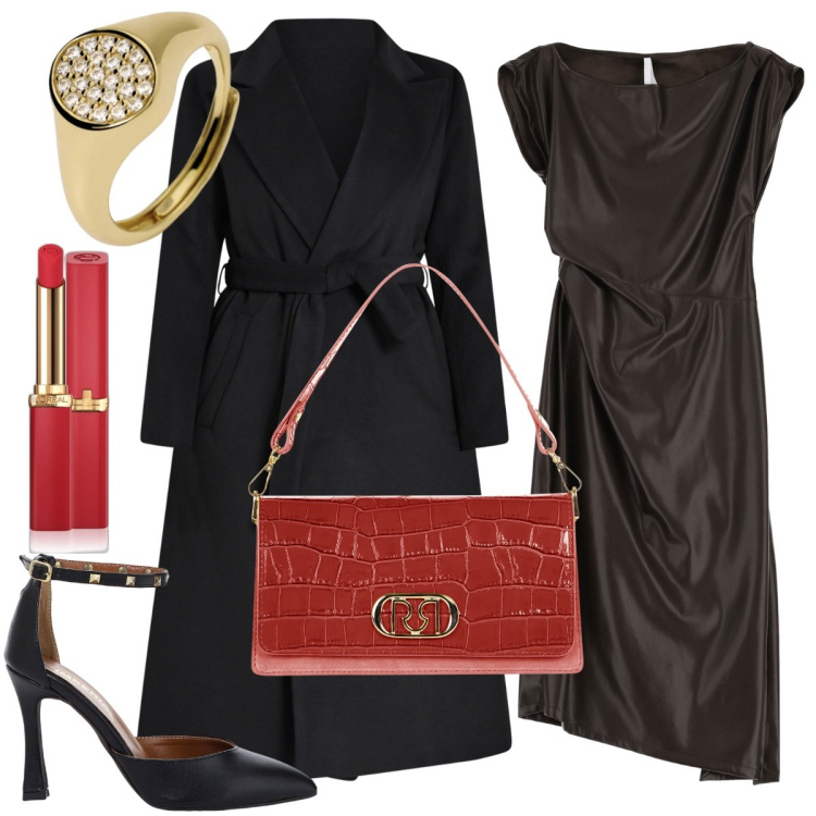 Outfit donna - Un tocco di rosso. Stile Glamour per Serata fuori. Abbinamento con rossetti, anelli, cappotti, borse a tracolla, vestiti midi/longuette, décolleté.